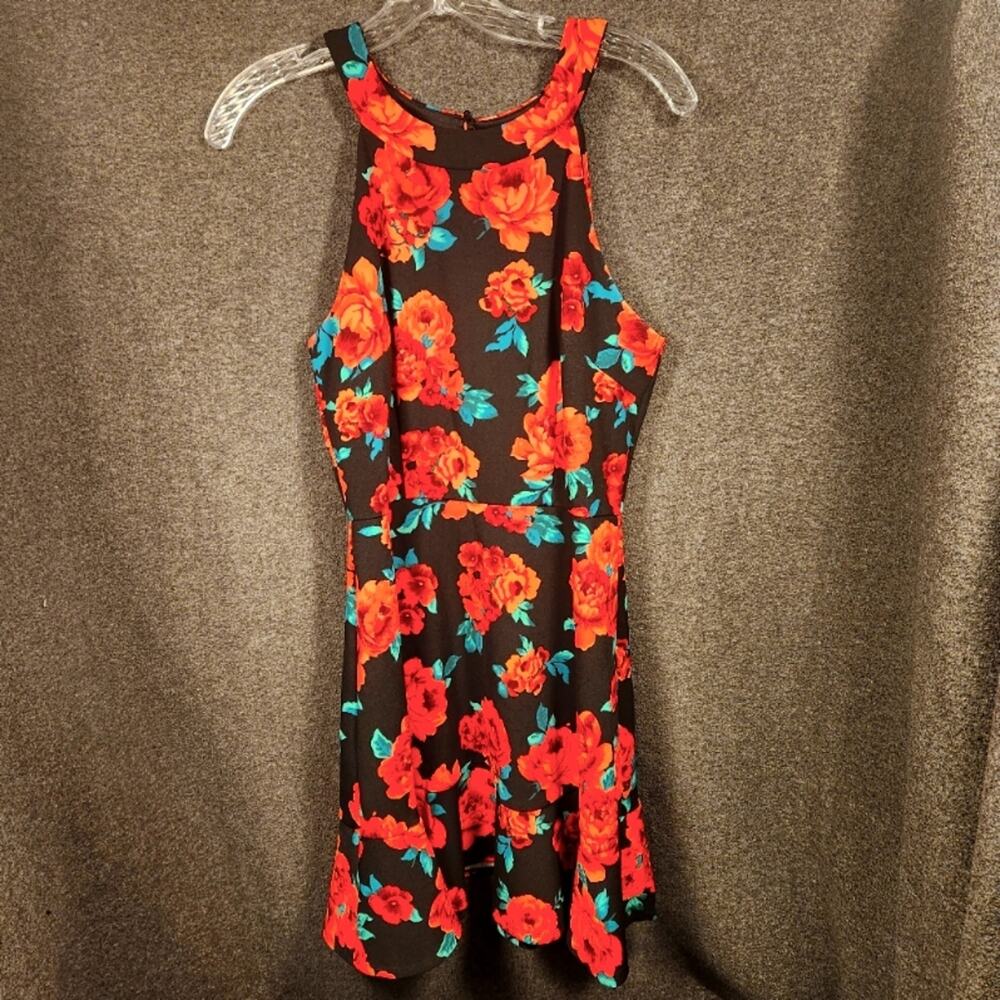 BCX‎ Black Red Green Floral Sleeveless Knee Length Dress Junior 7 Cottagecore